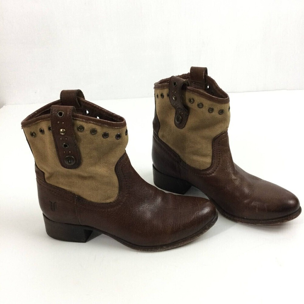 Frye Booties Brown Leather Canvas Grommet Rivet Short Ankle Western Boots Sz 5.5